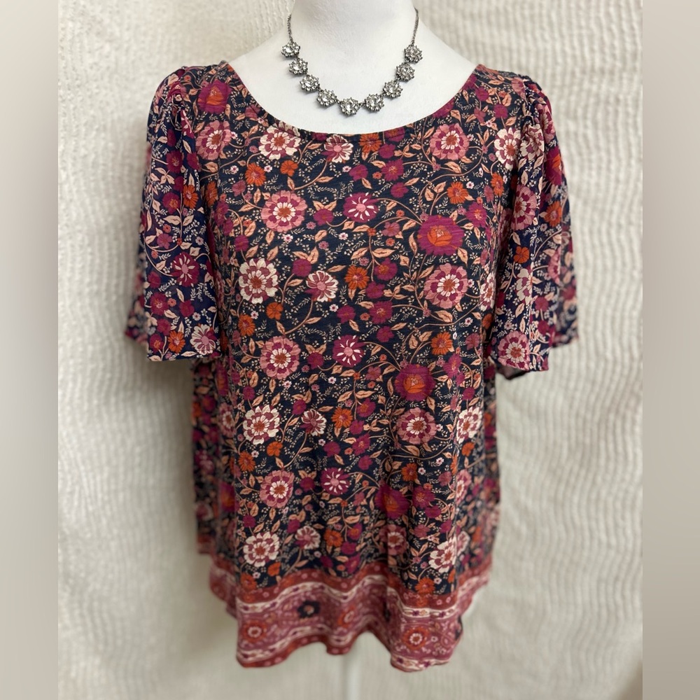 Lucky Brand Boho Floral Top Size Large Ruffle Sleeve Romantic Peasant Blouse